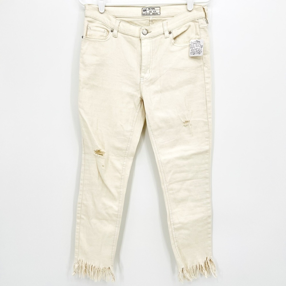 Free People Women's Ivory Jeans Size 27 Distressed Fringe Frayed Hem Stretch NWT